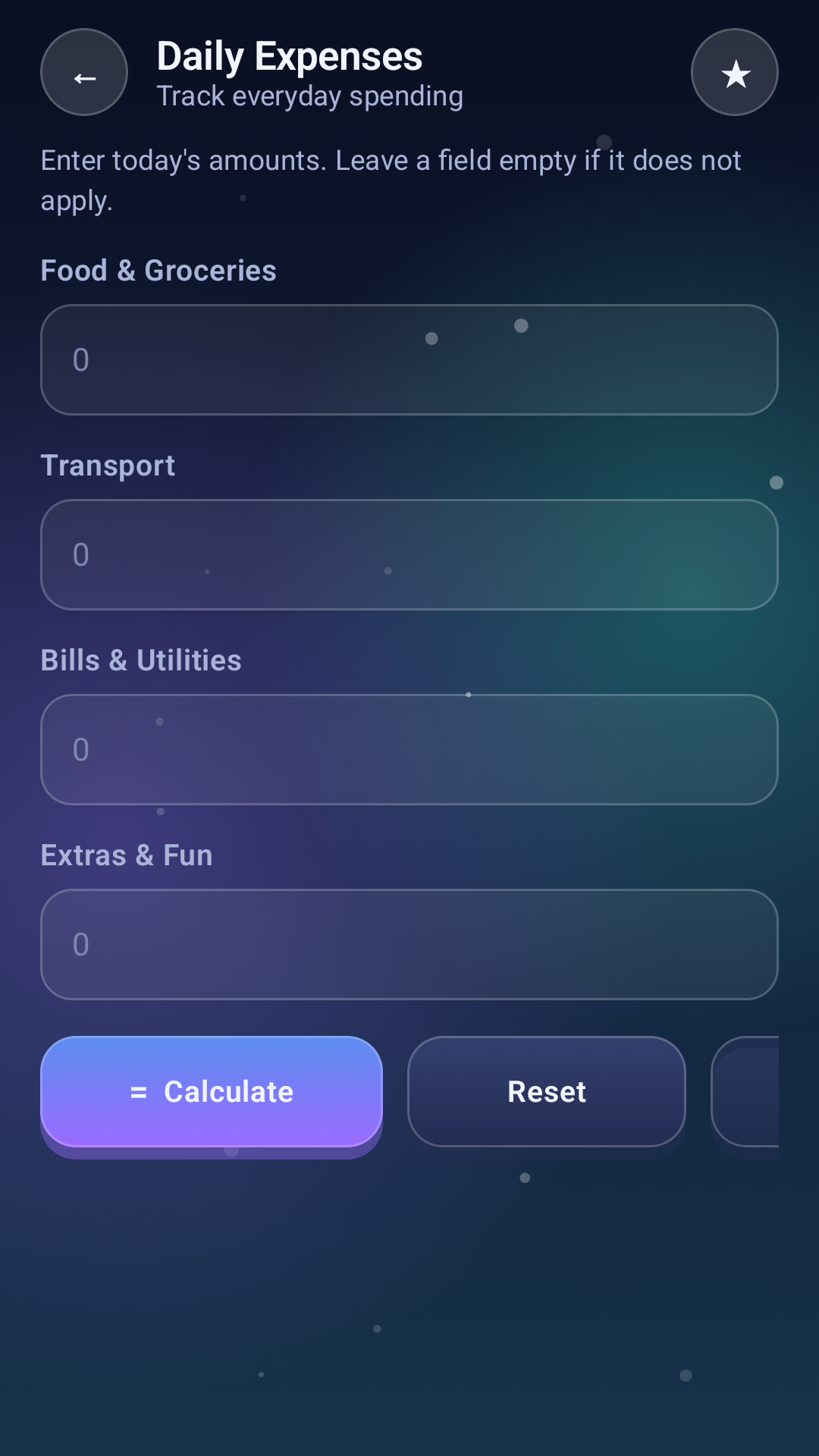 Simple Life Calculator expenses screen