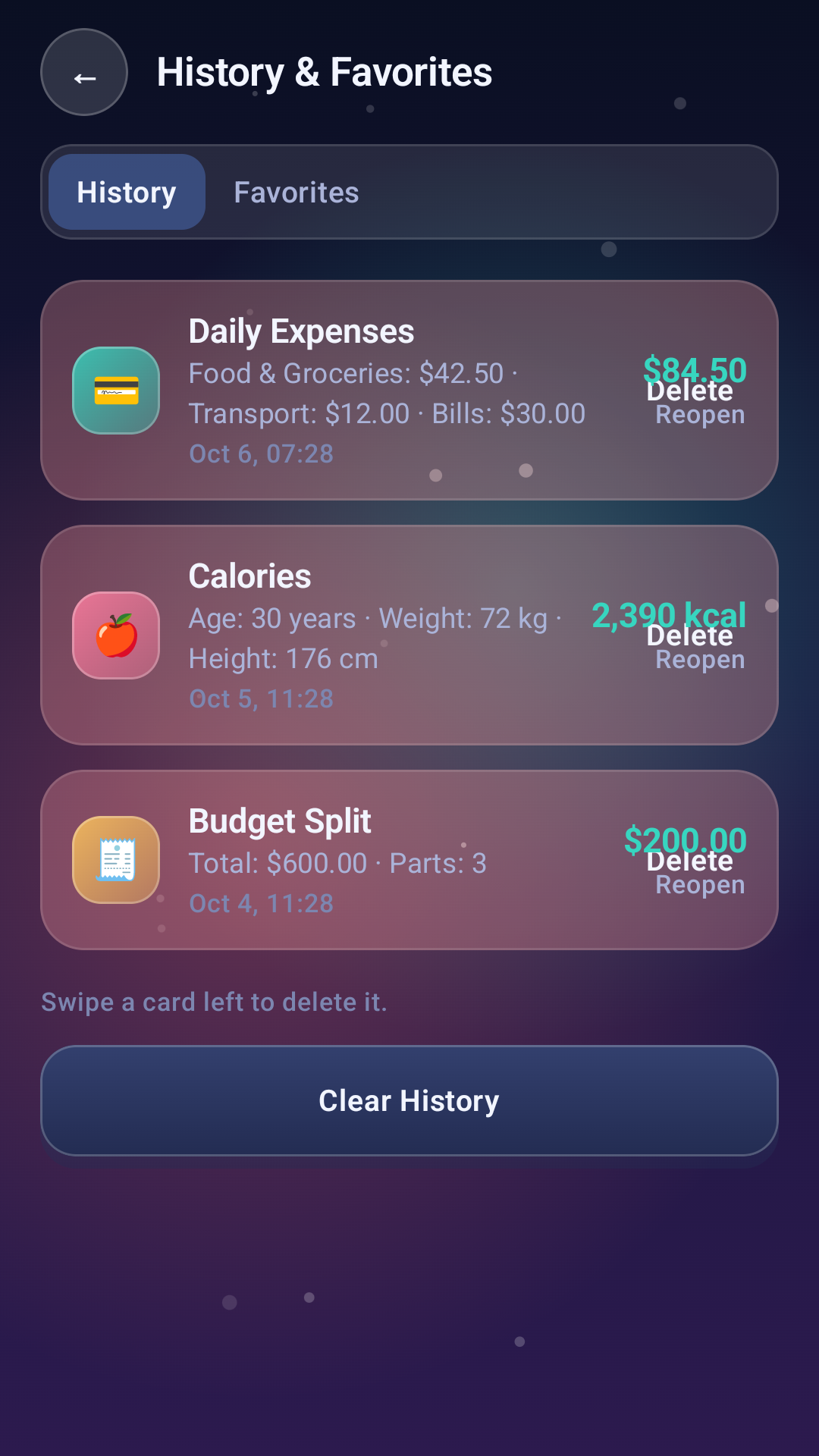 Simple Life Calculator history screen