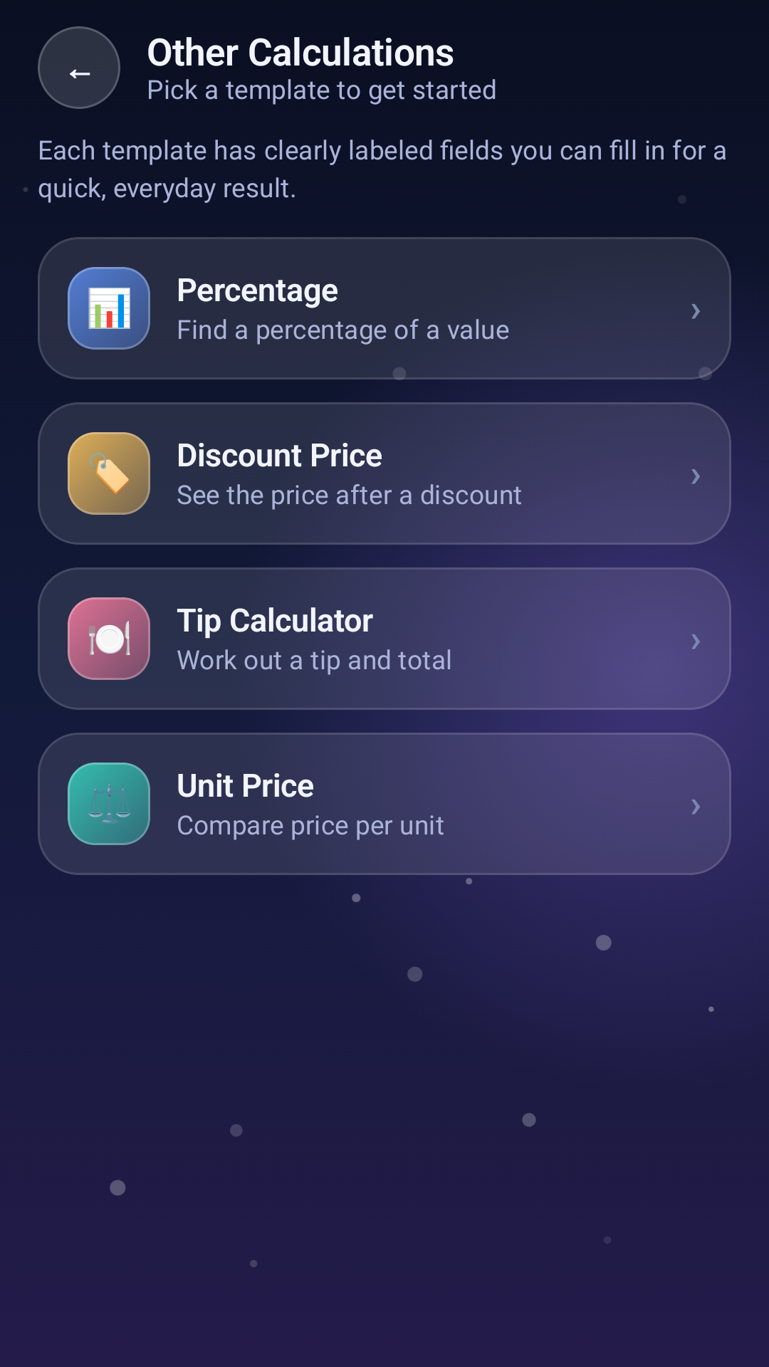 Simple Life Calculator other calculations screen